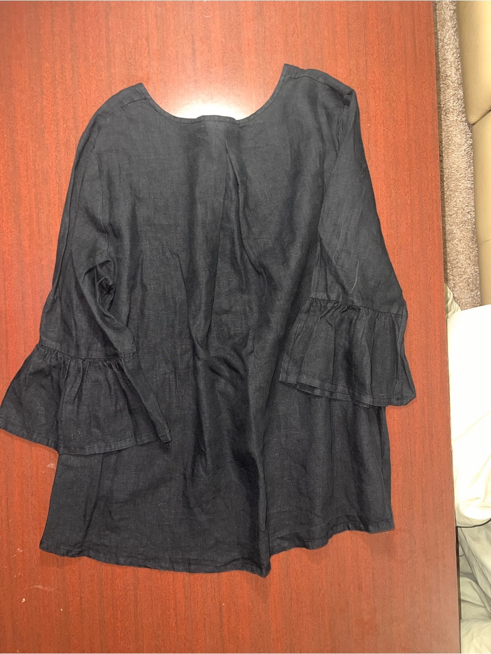 Fran Basic Light Linen Round Neck Ruffle 3/4 Bell Sleeve High-Low Shirt - Picture 7 of 7